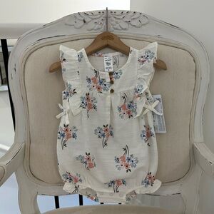 🐇 18 Mth Linen Floral Bubble Romper With Bows Sustainable Fabric